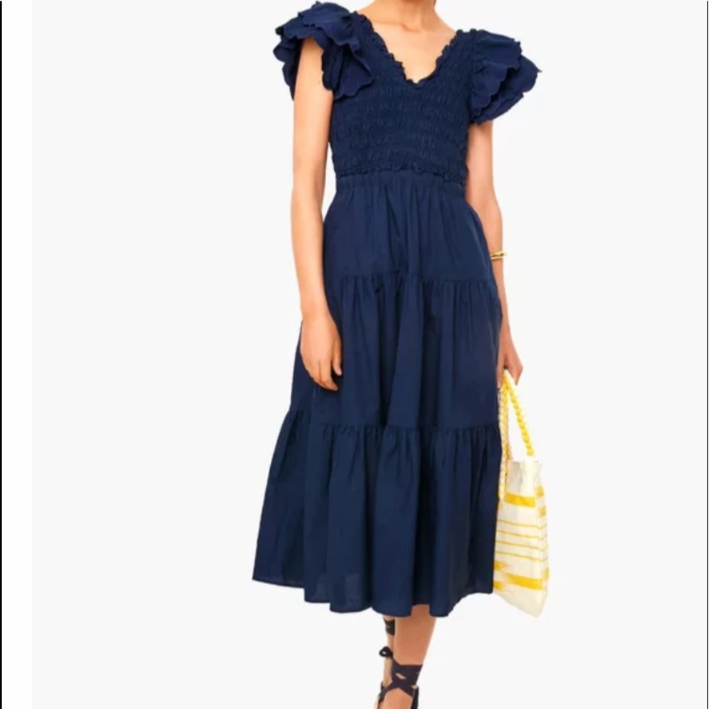 SEA New York Navy Heidi Heart Quilted Flutter Sleeve Smocked Dress Size 6